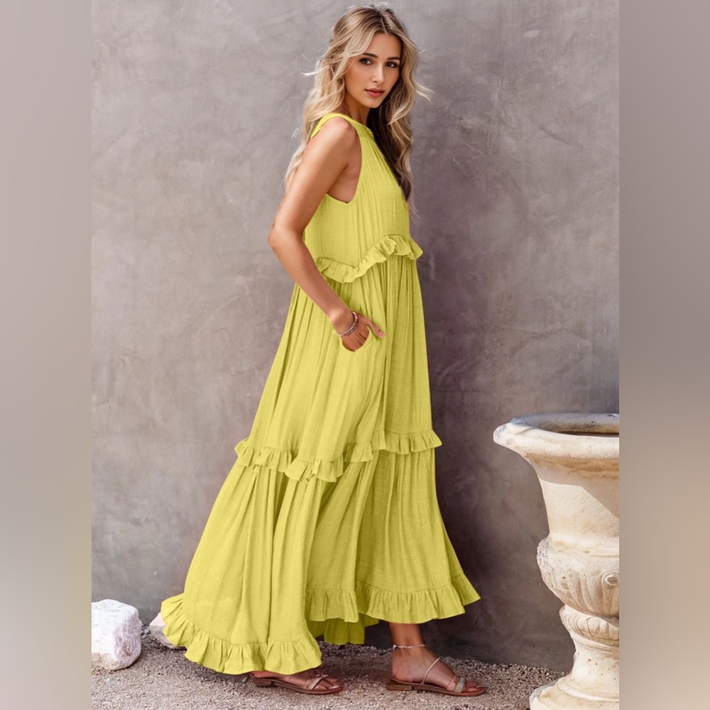 Green-Yellow Ruffled Sleeveless Tiered Maxi Dress with Pockets